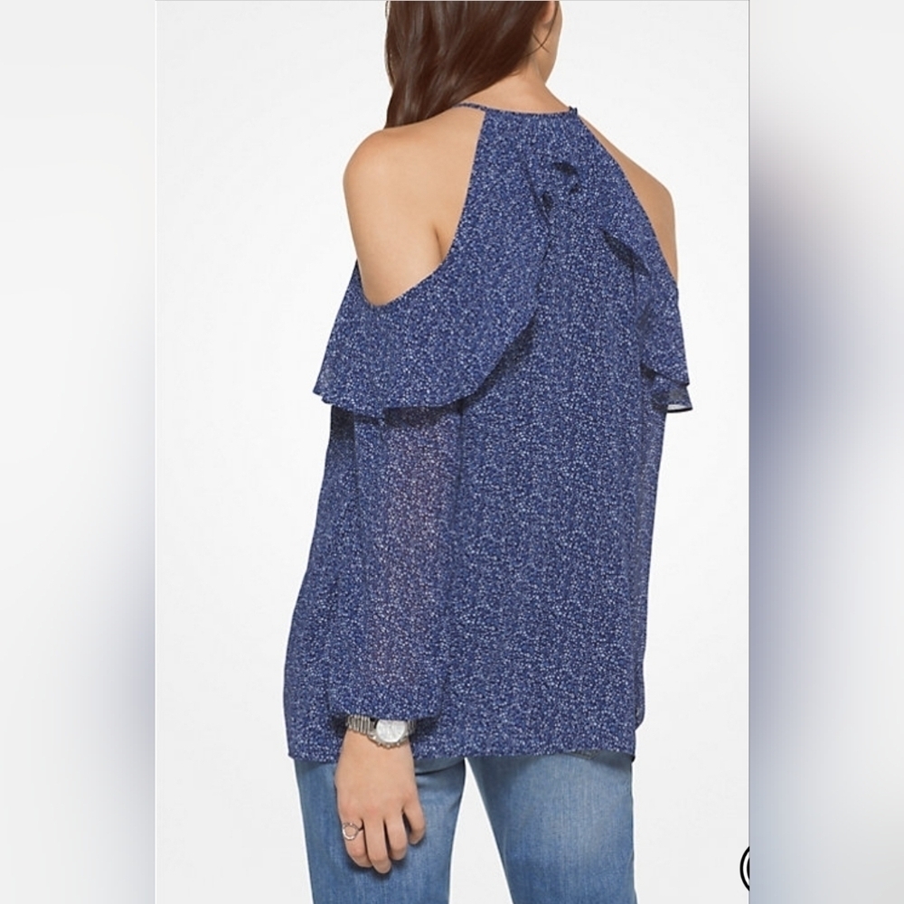 Michael Kors Blue Floral Ruffled Peekaboo Blouse - Picture 9 of 9